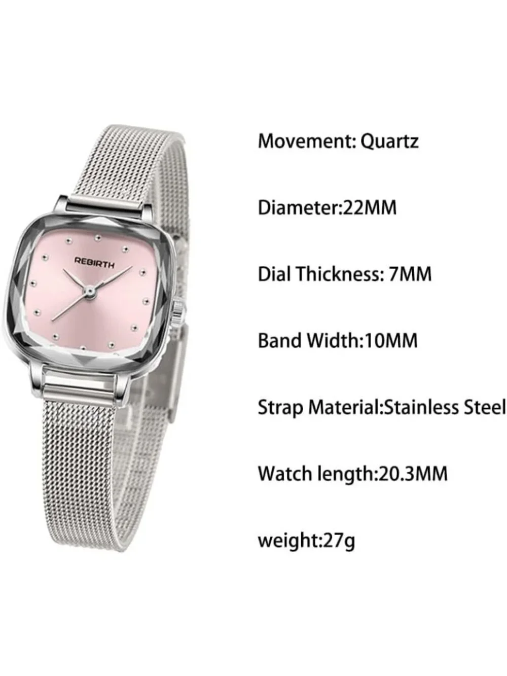 Women's Silver Pink Square Minimalist Dial Mesh Band Crystal Case Wrist Watch